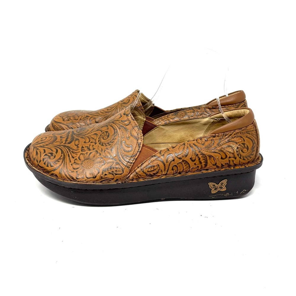 Alegria Brown Tooled Floral Leather Slip-On Clogs